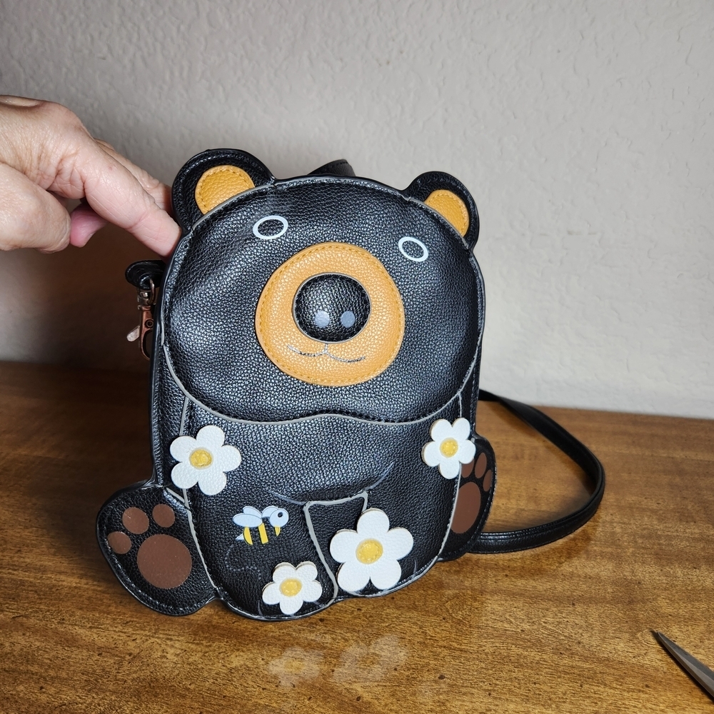 Sleepyville Critters Leather Brown Bear With Bees Kids Crossbody Purse 8 1/2"